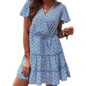 RUFFLED NEW WOMENS BLUE DRESS SUMMER CASUAL WHITE SPRING EASTER WEDDING SIZE S